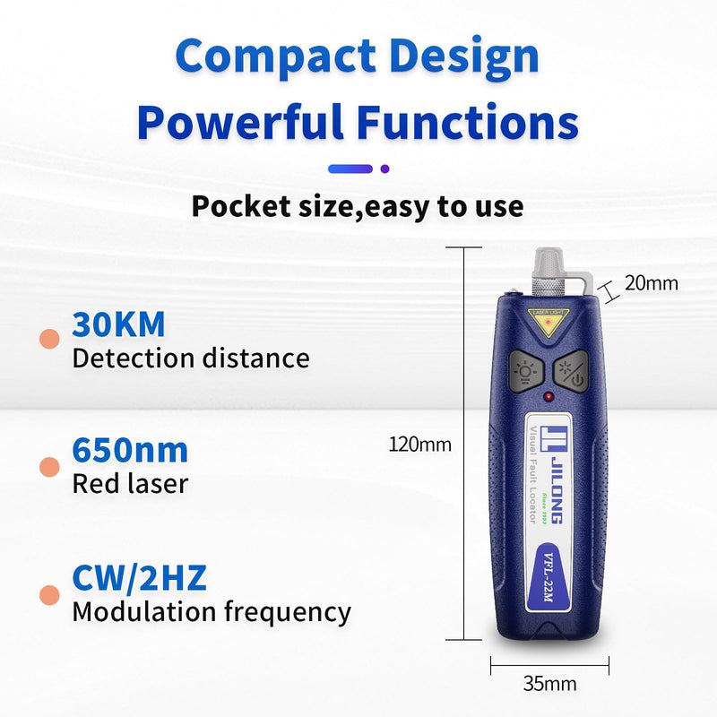 [Australia - AusPower] - JILONG Visual Fault Locator VFL-22M Pocket Size Break Checker, Testing Range for 25-30KM + LED Light + 2.5mm Universal Adaptor for FC/SC/ST, Fiber VFL Break Cheaker, Traffic Detector VFL 