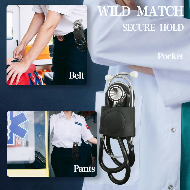 [Australia - AusPower] - Stethoscope Holder with Clip for Scrubs, Upgrade Premium Leather Clip-on Stethoscope Hip Holder Stethoscope Accessories, Black 