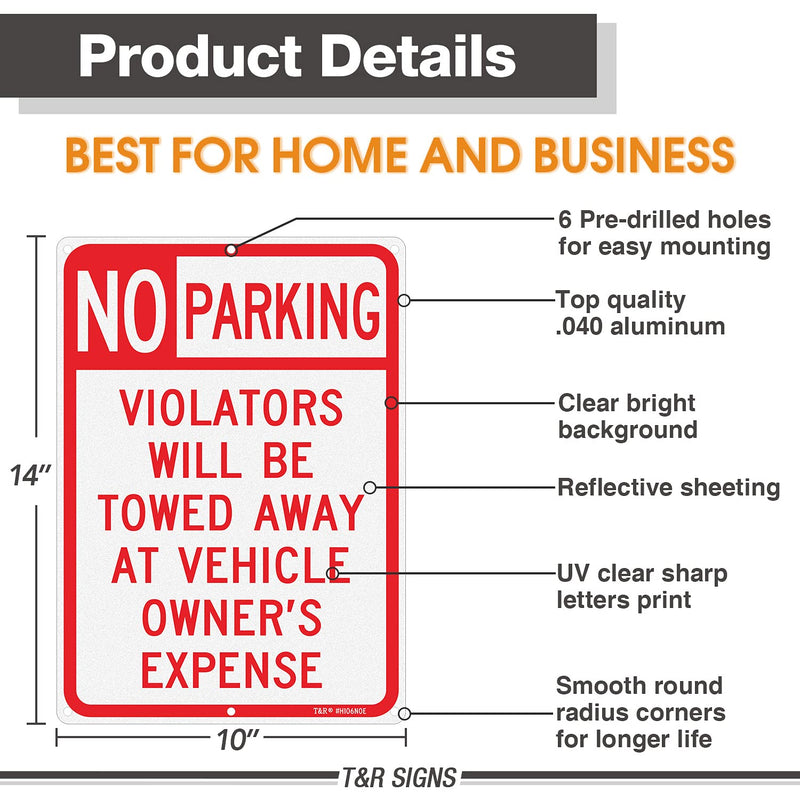 3 Pack No Parking Sign, Violators Will Be Towed Away at Vehicle Owner's Expense Sign, 10 x 14 Inches, Rust Free Aluminum, Reflective, UV Printed, Weather/Fade Resistant, Easy Mounting RED - 14" x 10" - 3 Pack