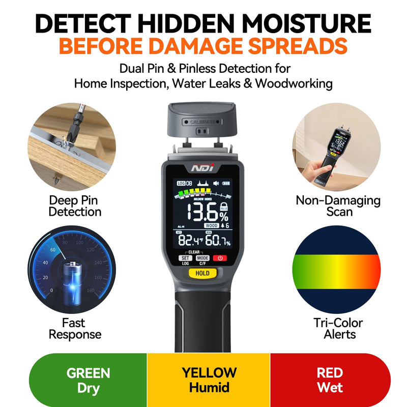 NDI ND316PRO Dual-Mode Moisture Meter – Pin & Pinless Non-Destructive, Wood & Building Materials, Temperature & Humidity Display, Data Log, Backlit LCD