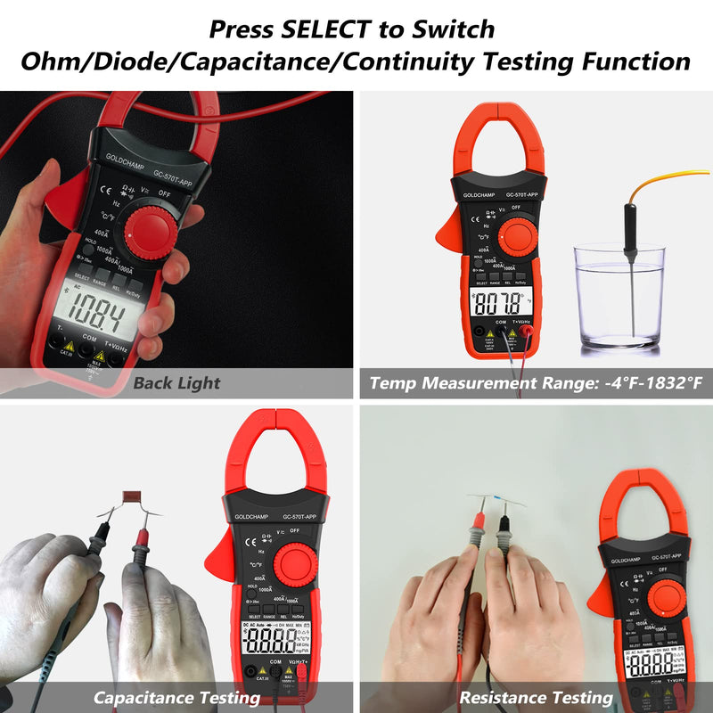 [Australia - AusPower] - Digital Clamp Meter Multimeter 4000 Counts Amp Voltage Tester with APP, Capacitance, Voltage, Resistance, True RMS AC Current, Diode Test, Audible Continuity, Temperature, Non-Contact Multimeter - Red 