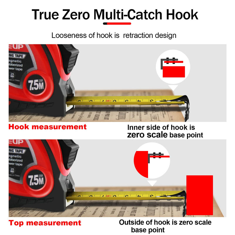 WISEUP Tape Measure 5 m, Metric and English Standard Tape Measure, Magnetic Self-Locking Tape Measure 5 m, Anti-Fall ABS Shell, with Belt Clip, Carpenter's Tool Measuring & Plan Tools 0 m red