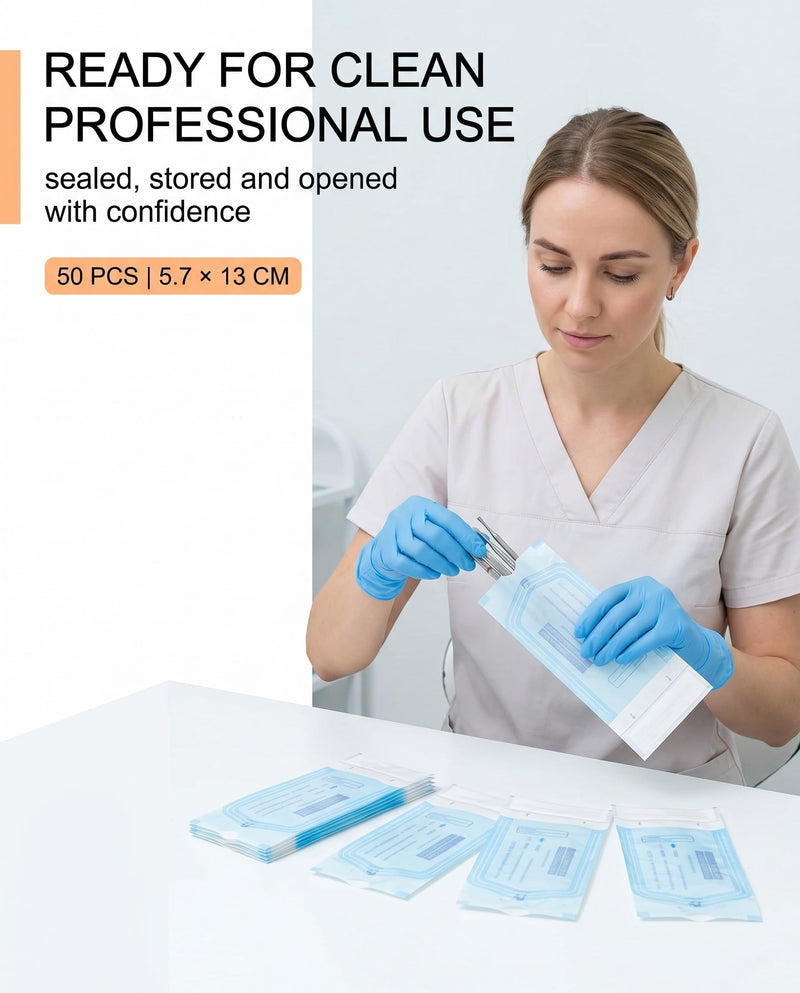 Sterilisation Bags, Pack of 50 (5.7 x 13 cm), Self-Adhesive Autoclave Bags with Seal, Heat Resistant for Dental & Lab, Reliably Prevents Contamination