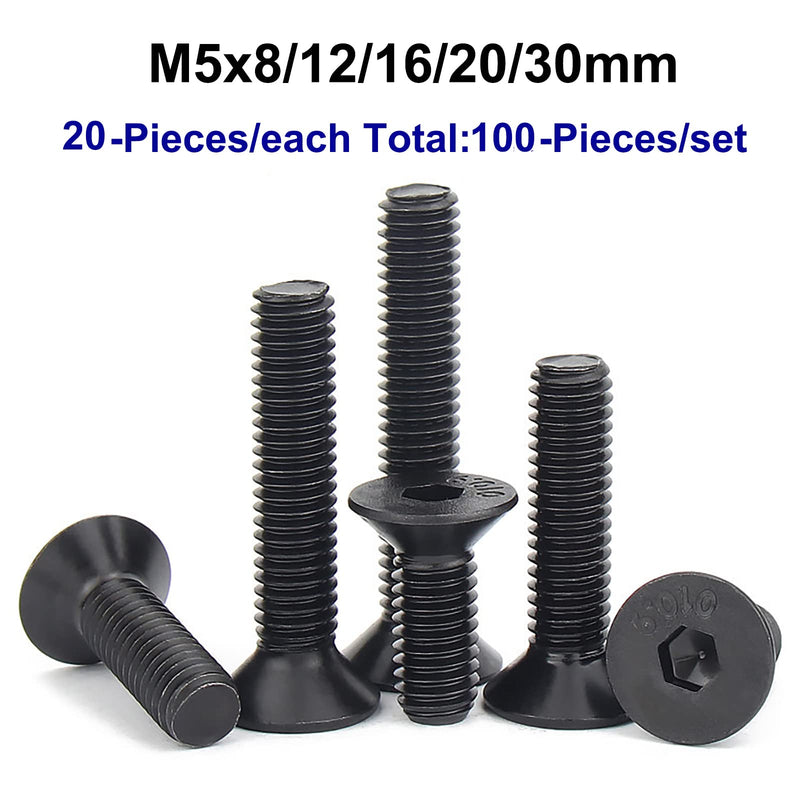 [Australia - AusPower] - 100PCS M5 x 8/12/16/20/30mm Flat Head Hex Socket Cap Screws Bolts, CSK Allen Head Machine Screws Set With Hex Key, Grade 10.9 Alloy Steel Black Oxide Finish, Fully Threaded Pitch: 0.8mm 100pcs-M5 x 8/12/16/20/30 