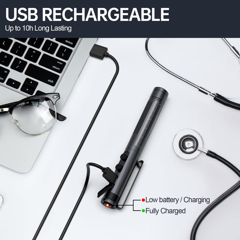 Medical Diagnostic Light, Rechargeable LED Pupil Light with USB Cable, Warm/Cool White & Continuous Dimming, Portable Aluminum Medical Pupil Light with Clip black