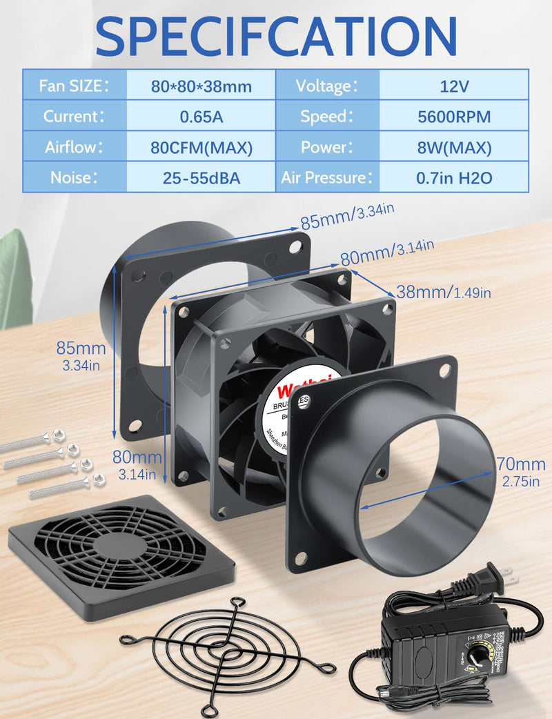 Wathai 80mm Small 12V DC Axial Exhaust Fan with AC Adapter, 3 Inch Duct Fan for Fume Extractor, Soldering Smoke, 3D Printer Enclosure, Laser Engraver Dual Ball High Airflow 80x38mm 2 duct