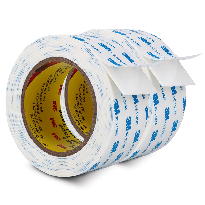 3M PE Foam Tape Double Sided Tape 2 in x 16.5ft 2 Pack Heavy Duty Waterproof for Crafts Picture Hanging Poster Alarm Sensor Arts DIY Home Deco 2.0"x16.5Ft