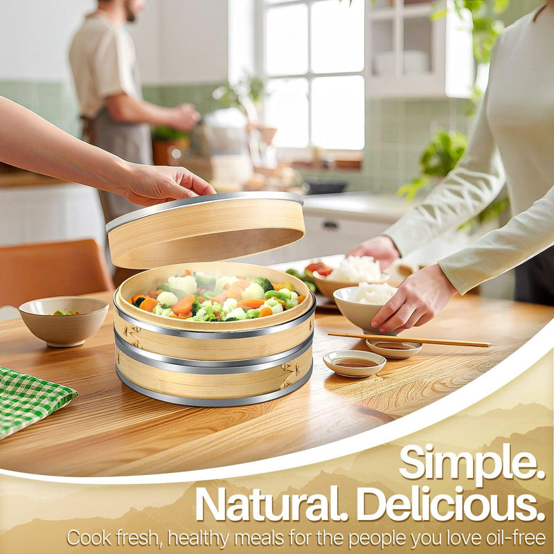 Flexzion Bamboo Steamer Basket Set (8 inch) with Stainless Steel Banding, 50 x Steamer Liners and 2 Pairs of Chopsticks, Steam Baskets for DimSum Dumplings, Rice, Vegetables, Fish and Meat