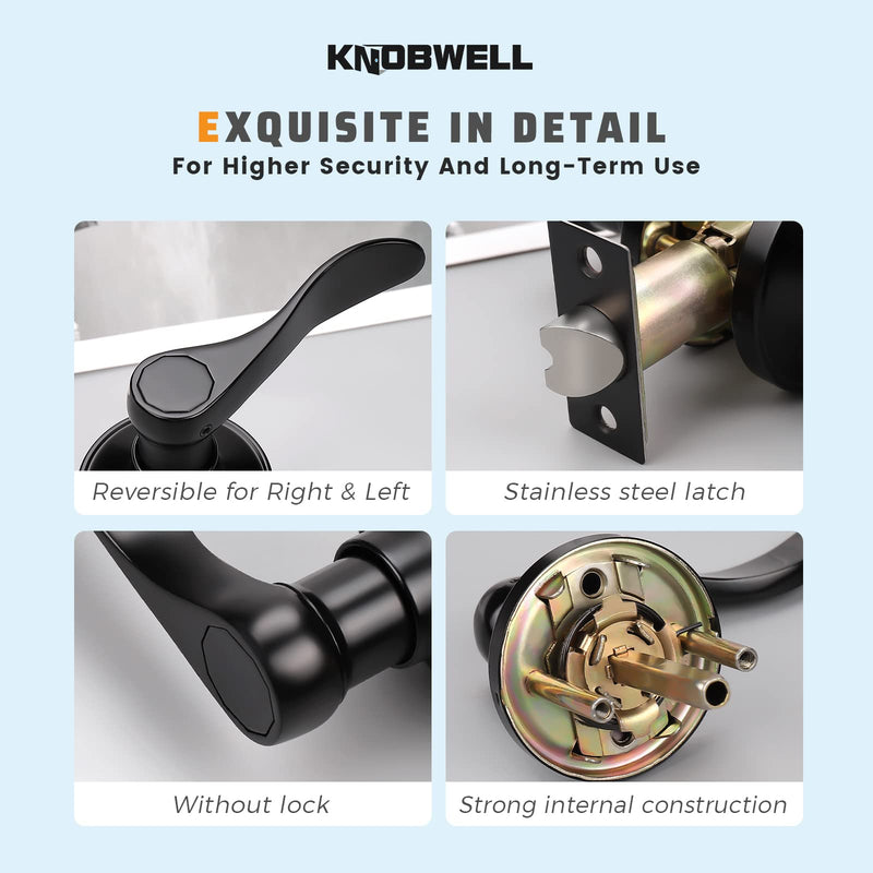 KNOBWELL 1 Pack Matte Black Finish Keyless Interior Door Handle, Classic Passage Door Lever for Hallway Closet, Non-Locking Wave Style Doorknobs with Universal Handle