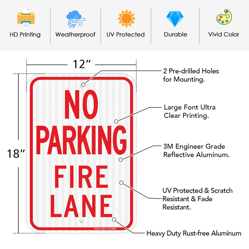 Faittoo No Parking Fire Lane Sign, 2-Pack 18 x 12 Inches Engineer Grade Reflective Sheeting Rust Free Aluminum, UV Protected, Weather/Fade Resistant, Easy to Install and Read, Indoor/Outdoors Use Red and White-2 Pack