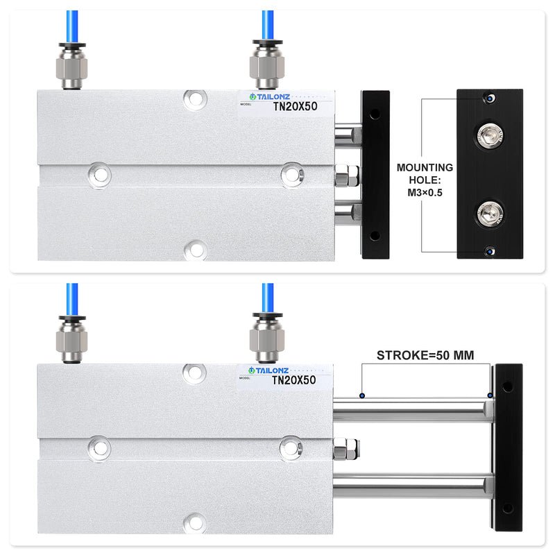 [Australia - AusPower] - TAILONZ PNEUMATIC 20mm Bore 50mm Stroke Double-Rod Double-Acting Aluminum Pneumatic Air Cylinder TN20-50 Bore:20mm Stroke:50MM 
