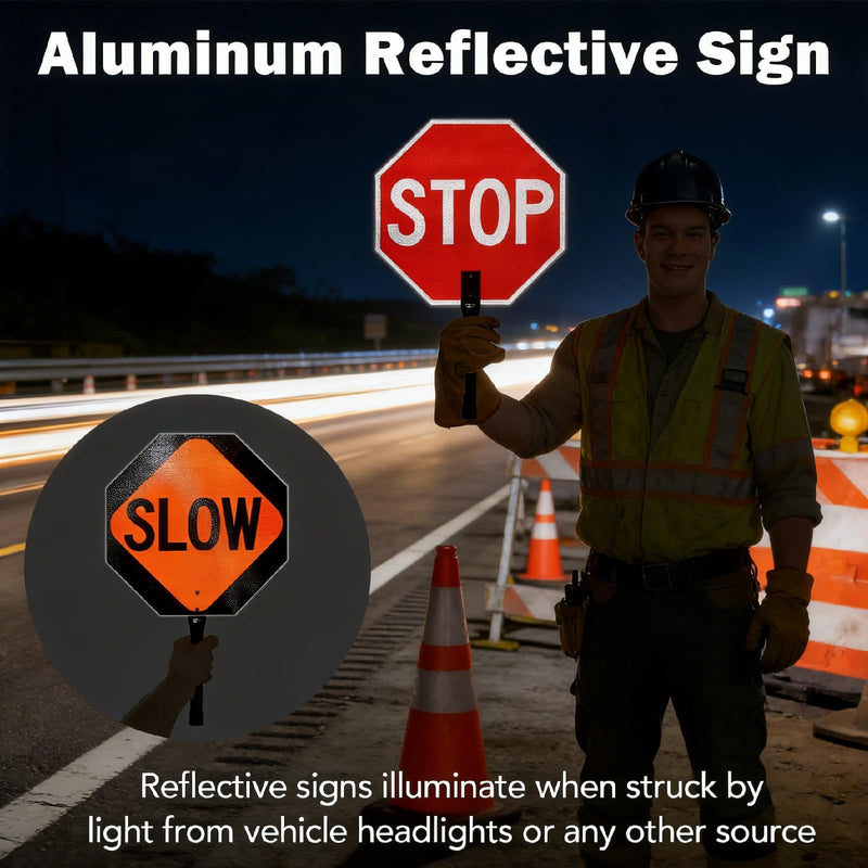 Stop Slow Sign with Wooden Handle, 2-Pack 13 x 13 Inch Double-Sided Handheld Stop Sign, Engineering-Grade Reflective Rust-Free Aluminum Slow-Down Signs, Weather- and Fade-Resistant, Easy to Mount.