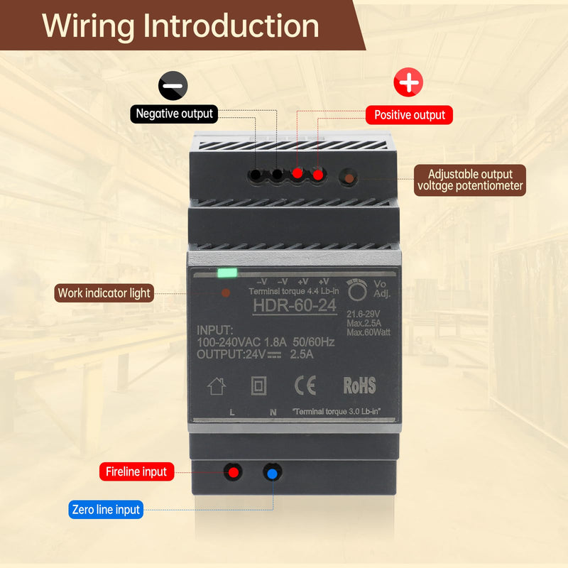 Power Supply for DIN Rail Mounting 24 V 2.5 A 60 W Switching Power Supply Transformer AC to DC for Industrial LED Lighting and Automation HDR-60-24 HDR-60-24 60W