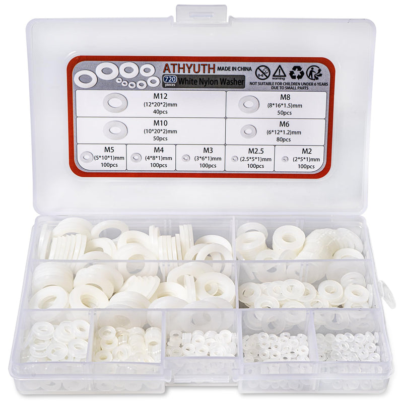 720-Pcs (9 Sizes) Round Nylon Washers White Flat Gasket Ring Sealing Washers Hardware Assortment Kit for Bolts and Screws.