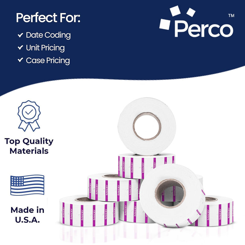 Perco 1 Line Purple Reverse Print on White Bakery Labels — 8,000 Labels for Perco Lite, X, Plus & Pro Guns—with Tamper-Proof Design for Marking Breads, Pastries, Cakes — 8 Rolls, 1 Sleeve—Made in USA