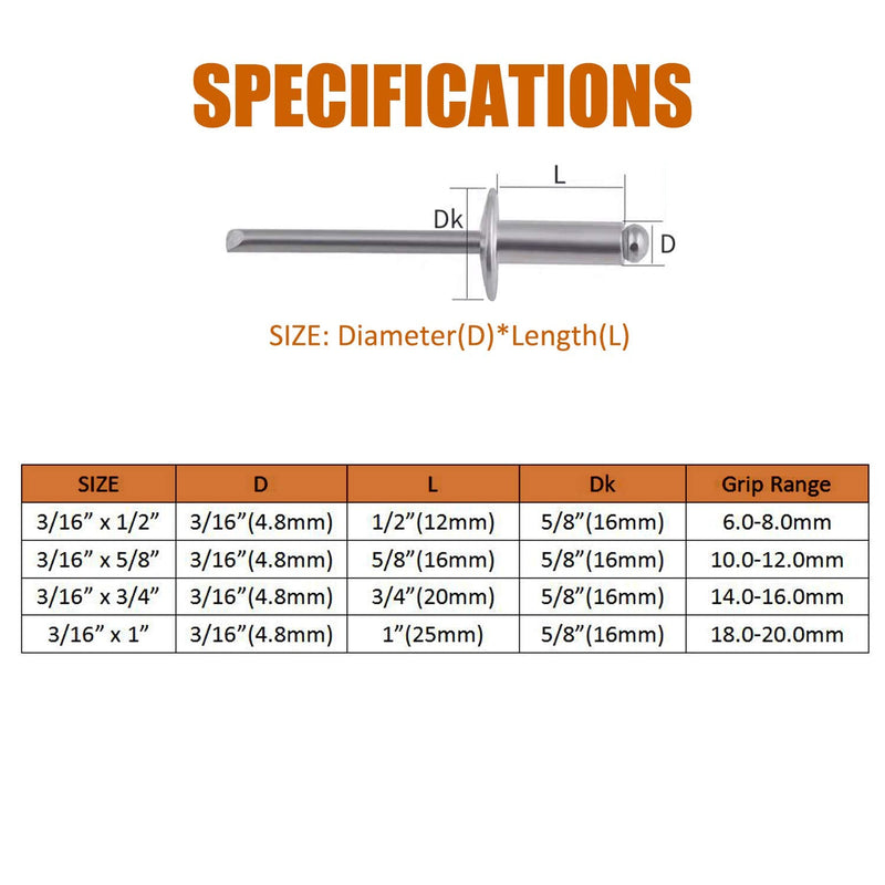 ISPINNER 50pcs 3/16" x 1/2" Large Flange Aluminum Blind Rivets, 4.8 x 12mm Pop Rivets (Silver) 3/16" x 1/2" Silver