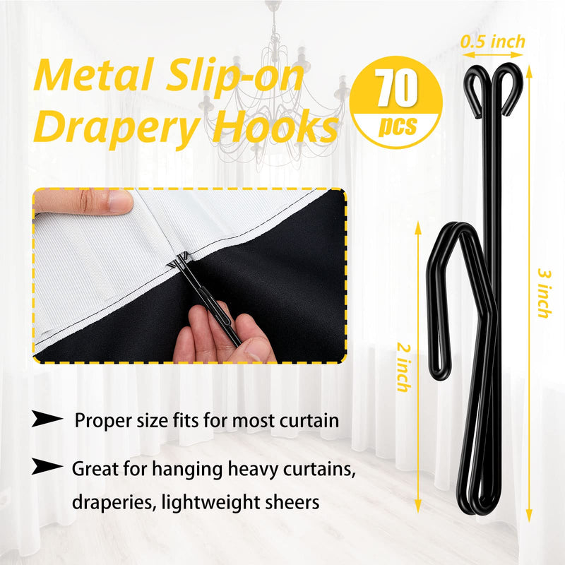 Jetec Drapery Hooks 3 Inch Metal Curtain Hooks Slip on Drapery Hook for Pleated Drapes Stainless Steel Pins and Hook for Window Door Curtain(Black,70 Pieces) Black 70
