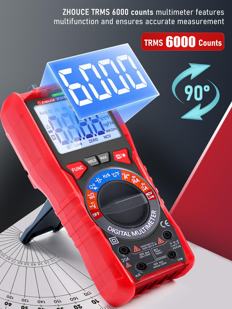 [Australia - AusPower] - Digital Multimeter TRMS 6000 Counting,with DC AC Voltmeter Ohm Volt Amp Meter Temperature Frequency NCV Measures Voltage Current Resistance Diode Continuity Capacitance, Home, Automotive Battery Test 