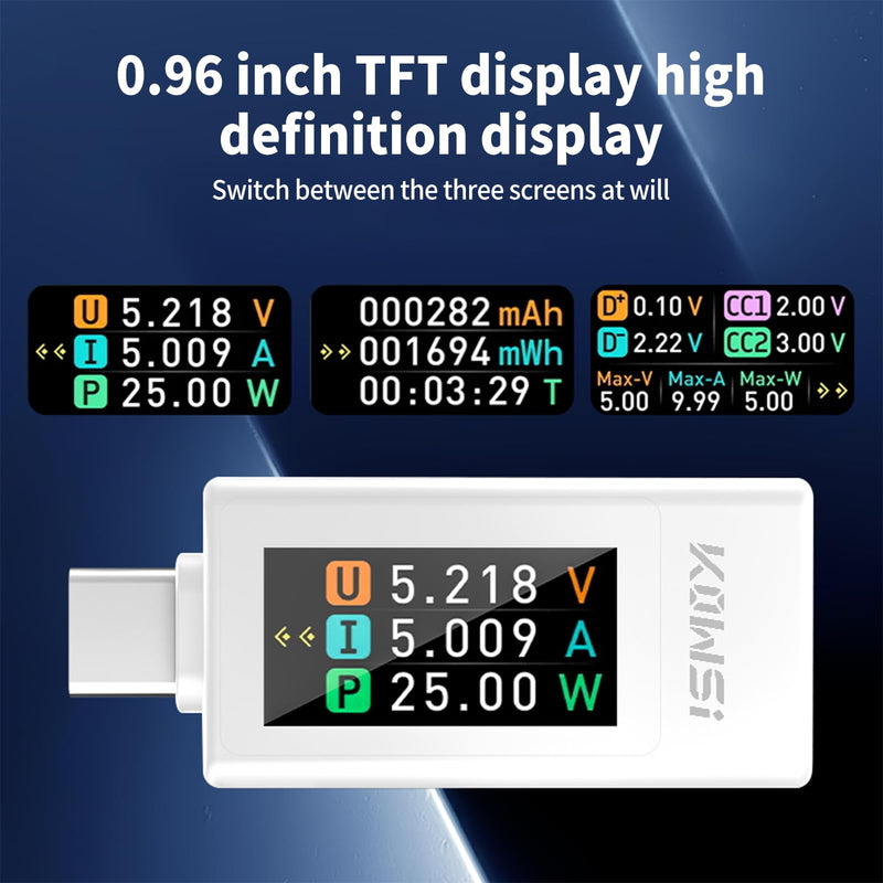 [Australia - AusPower] - USB C Tester Voltage and Current Tester Meter Voltmeter Power Bank Capacity USB Cable Charger Detector with Manual （KWS-1902L White 