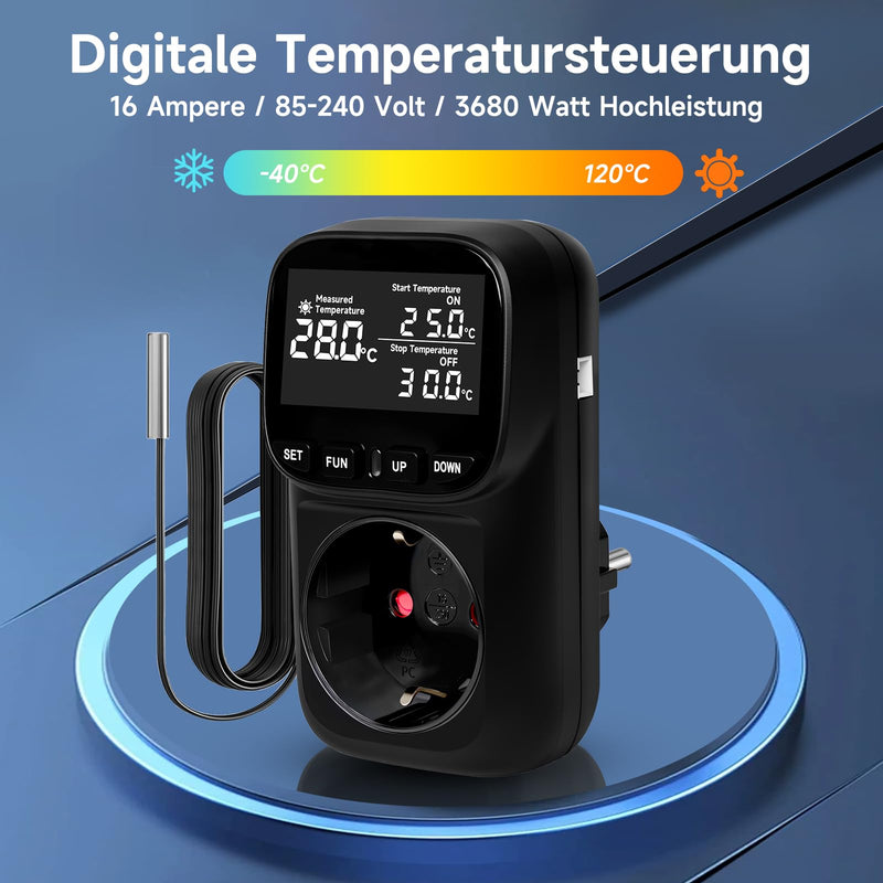 Temperature Control Socket 16A/3680W -40°C ~ 120°C, Digital Thermostat, 5M + 2M Cable Sensors, Heating/Cooling, Cycle Timer/Countdown Black