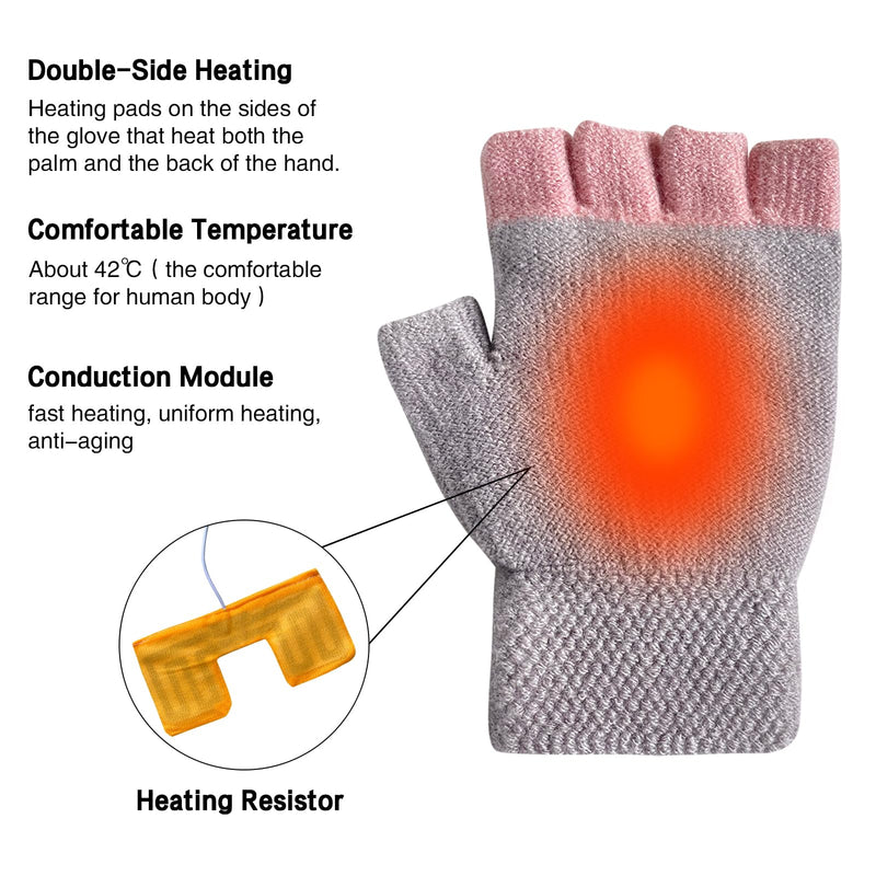 [Australia - AusPower] - Women's & Men's USB Heated Gloves Mitten Full & Half Fingerless Winter Hands Warmer Laptop Gloves Grey Pink 