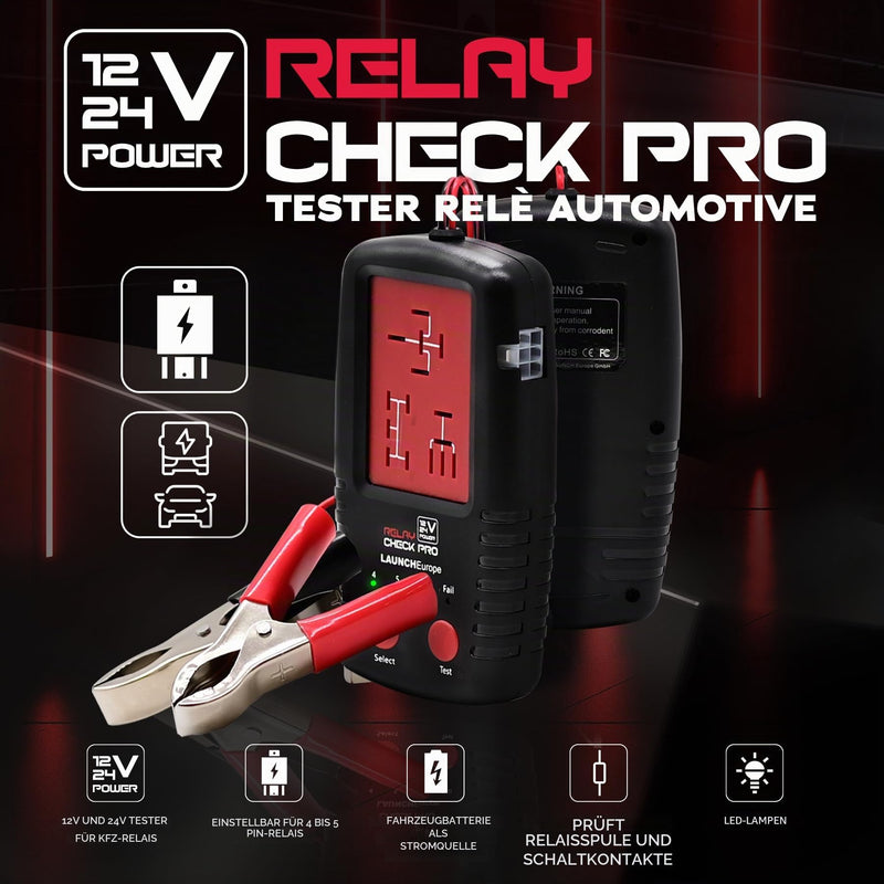 LAUNCH RelayCheck Pro 12V/24V Relay Tester Car/Truck Car Pin Detection | Auto pin detection for 4/5 pin, loaded contact test, LED error codes and bag, portable diagnostic tool for car and industry