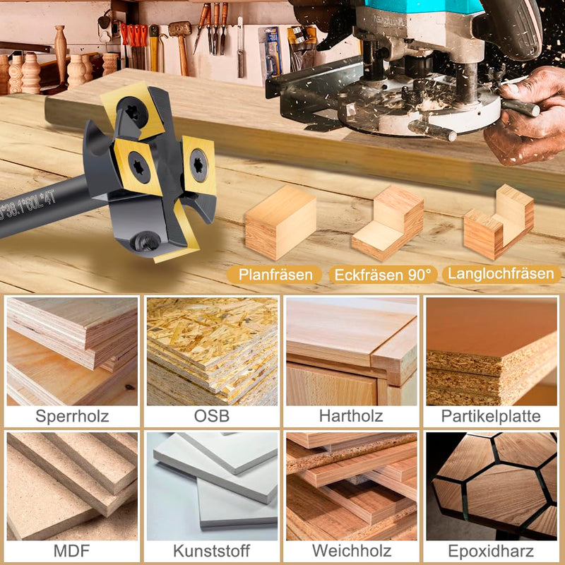 [Australia - AusPower] - BALUGAEA 8mm Shank Face Router Bit - 38.1mm Cutting Diameter - Fitted with 4 Interchangeable TiN Coated Carbide Blades 12x12mm 4Z S=8mm D=38,1mm L=60mm black 