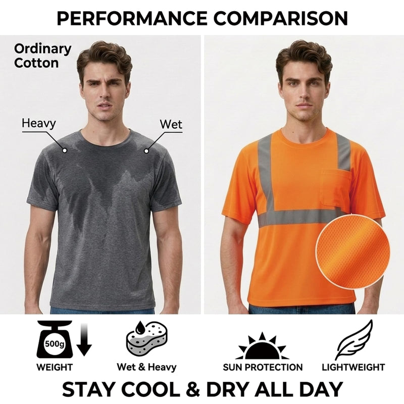 High Visibility Safety Shirts for Men,Short Sleeve, Quick Dry Birdeye, Reflective Tape, Construction Work Shirt Orange X-Large