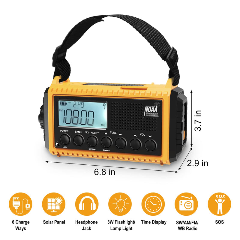 [Australia - AusPower] - Emergency Radio Raynic 5000 Weather Radio Solar Hand Crank AM/FM/SW/NOAA Weather Alert Portable Radio with Cellphone Charger, Headphone Jack, Flashlight, Reading Lamp and SOS Alarm (Yellow) Yellow-LCD Display 