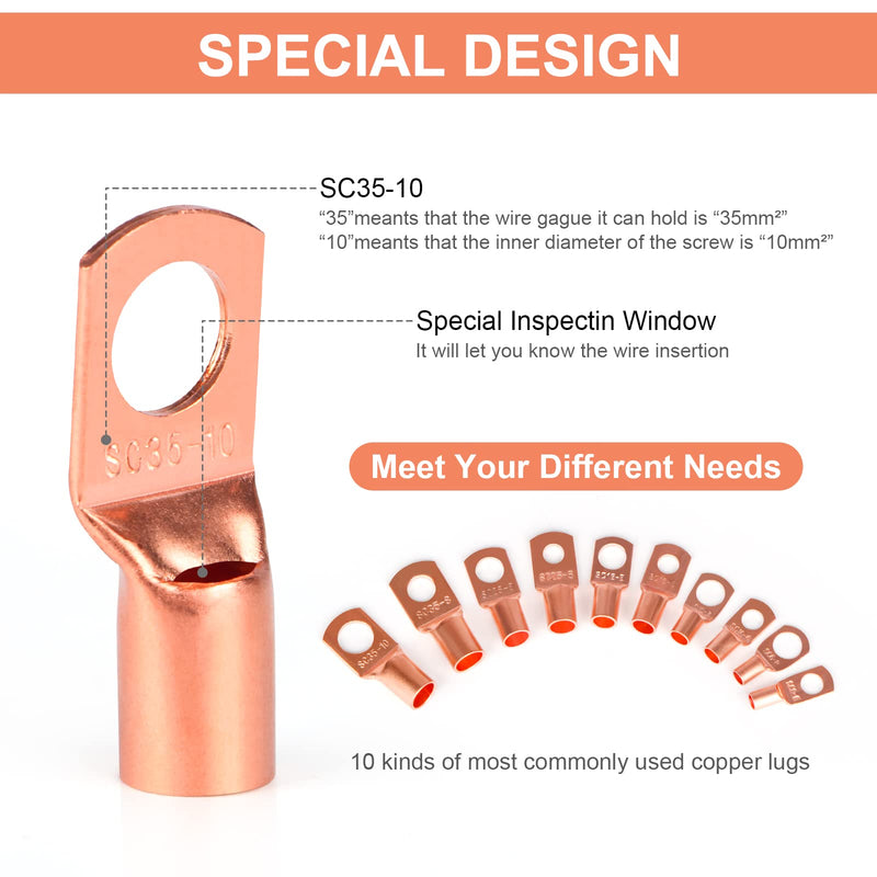 [Australia - AusPower] - Copper Wire Lugs,Terminal Connectors,Used on AWG12 10 8 6 4 2 Cable,Heat Shrink Set,Bare Copper Eyelets,Ring Terminals Connectors,64Pcs Battery Cable Lugs Ends and 66Pcs Heat Shrink Tubing (130PCS) 130PCS 