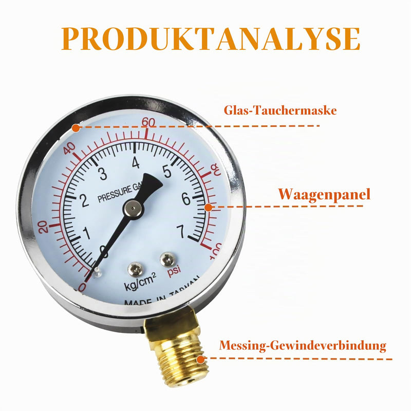 Vacuum gauge BSP 1/4 inch, 60 mm well pump pressure gauge, 0-7 bar, 0 ~ 100 psi with 2 pieces socket 1/4 inch to 3/8 inch, 1/4 inch to 1/2 inch, a Teflon tape, for water, oil, air, air and others