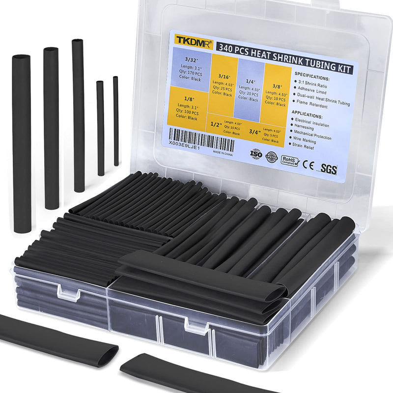 TKDMR 340 PCS Heat Shrink Tubing Kit - 3.1" 4.53" Length,3:1 Ratio Adhesive Lined, Marine Grade Shrink Wrap - Industrial Heat-Shrink Tubing - Black 3.1" 4.53" Length, 340 Pcs, 3:1 Ratio