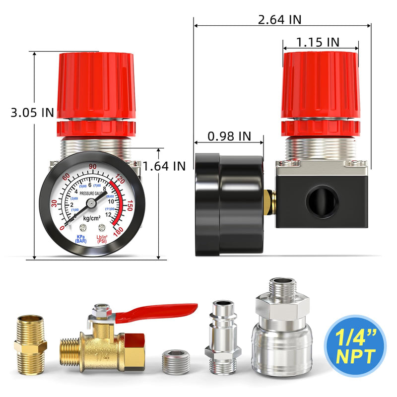[Australia - AusPower] - MEANLIN MEASURE 1/4 Inch Air Compressor Regulator with Gauge, 0-180 PSI Air Gauge Regulator Inline for Air Compressor and Pneumatic Tools (Four-way valve) 1/4" NPT (Four-way valve) 