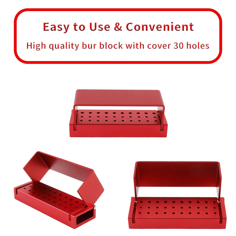 [Australia - AusPower] - Annhua 30 Holes Dental Bur Block with Cover Autoclavable, Aluminum Burs Case Organizer Disinfection Holder Opening Box for Dental Lab, Dentist Tool, Red 