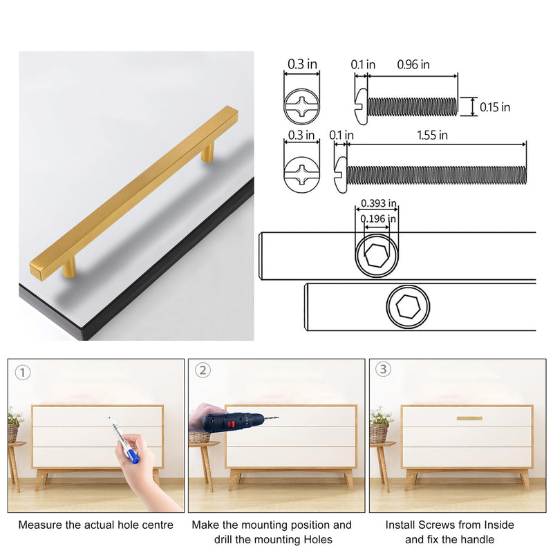 Cabinet Pulls Gold Cabinet Handles Square Drawer Pulls, 10 Pack 6-1/4 Inch 160mm Hole Centers Stainless Steel Kitchen Door Cupboard Cabinet Handles,8.82 Inch Length Hardware Handles 6-1/4 Inch Hole Centers