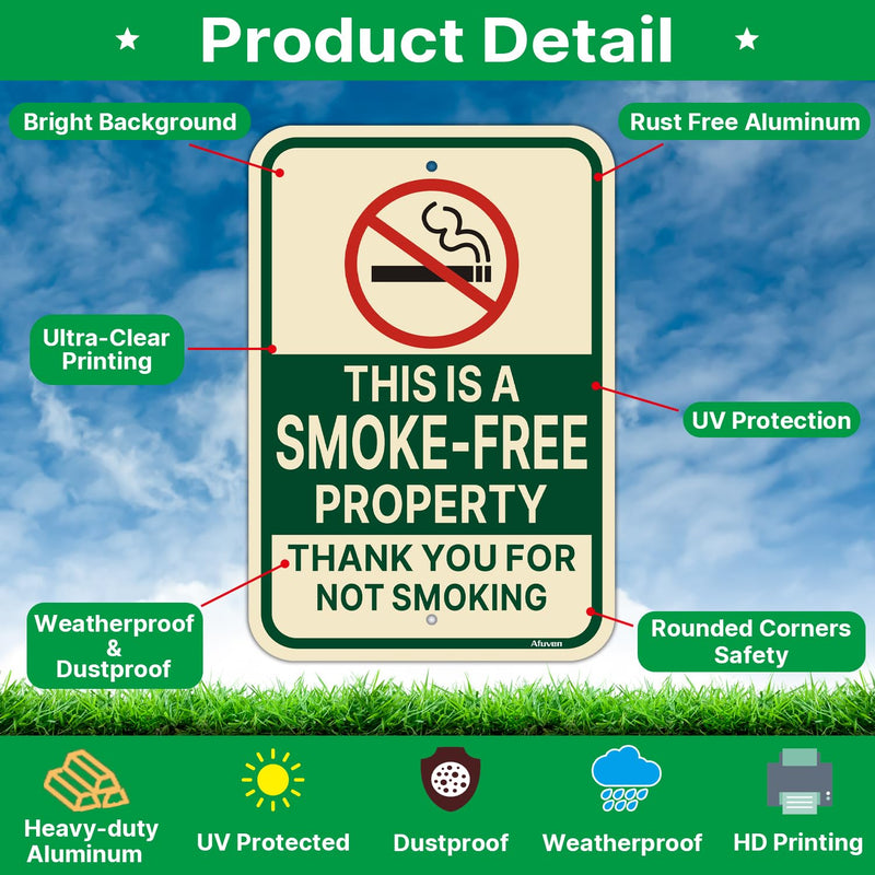 This is a Smoke Free Property Thank You for Not Smoking Signs 18” x 12” Business Home Facility Outdoor Rust Free Aluminum 2 Pack