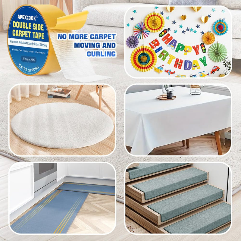 Removable No Residue Carpet Tape, Waterproof Cloth Base Double Sided Tape, Strong Grip Tape for Area Rugs, Anti-Slip Tape for Wedding/Exhibition/Hotel ﻿ (5CM*20M) 1 roll