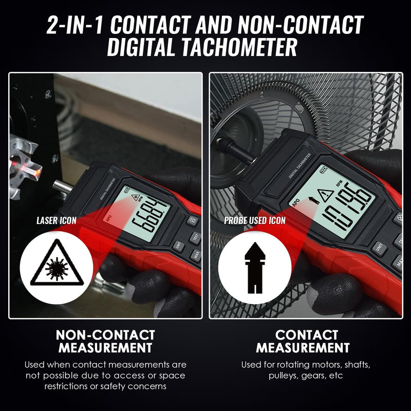 [Australia - AusPower] - 2-in-1 Digital Tachometer, Contact Tachometer with 3 to 19,999 RPM Tachometer Tester and Non-Contact Laser Photo Sensor, Contact Probes and Reflective Markings 