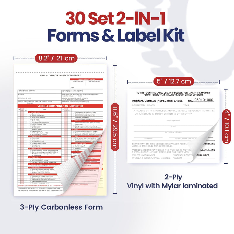 Annual Vehicle Inspection Record Kit – 3-Part NCR Report Book (30 Sets) + White Adhesive Record Labels (30) – for Trucks & Fleet Recordkeeping | Supports 49 CFR §396.17 30