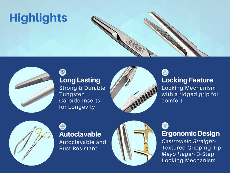[Australia - AusPower] - Bundle of Mayo Hegar Needle Holder 6" Gold Plated Handle with Tungsten Carbide Inserts & Castroviejo Scissors 5.5" Straight Locking Needle Holder Extra Sharp Spring Action by Artman Instruments 