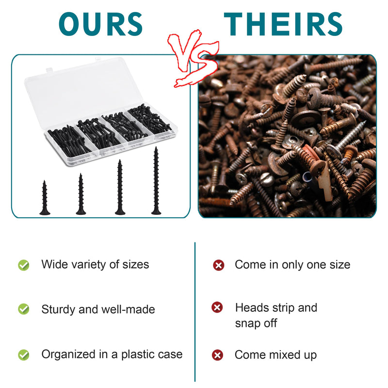 [Australia - AusPower] - Drywall Screws Assortment Kit - 170 Pcs Black Wood Screws Phillips Tips, Coarse Thread Sheetrock Screws Set, Self Tapping Screws 4 Sizes 1",1-1/4",1-5/8",2in 