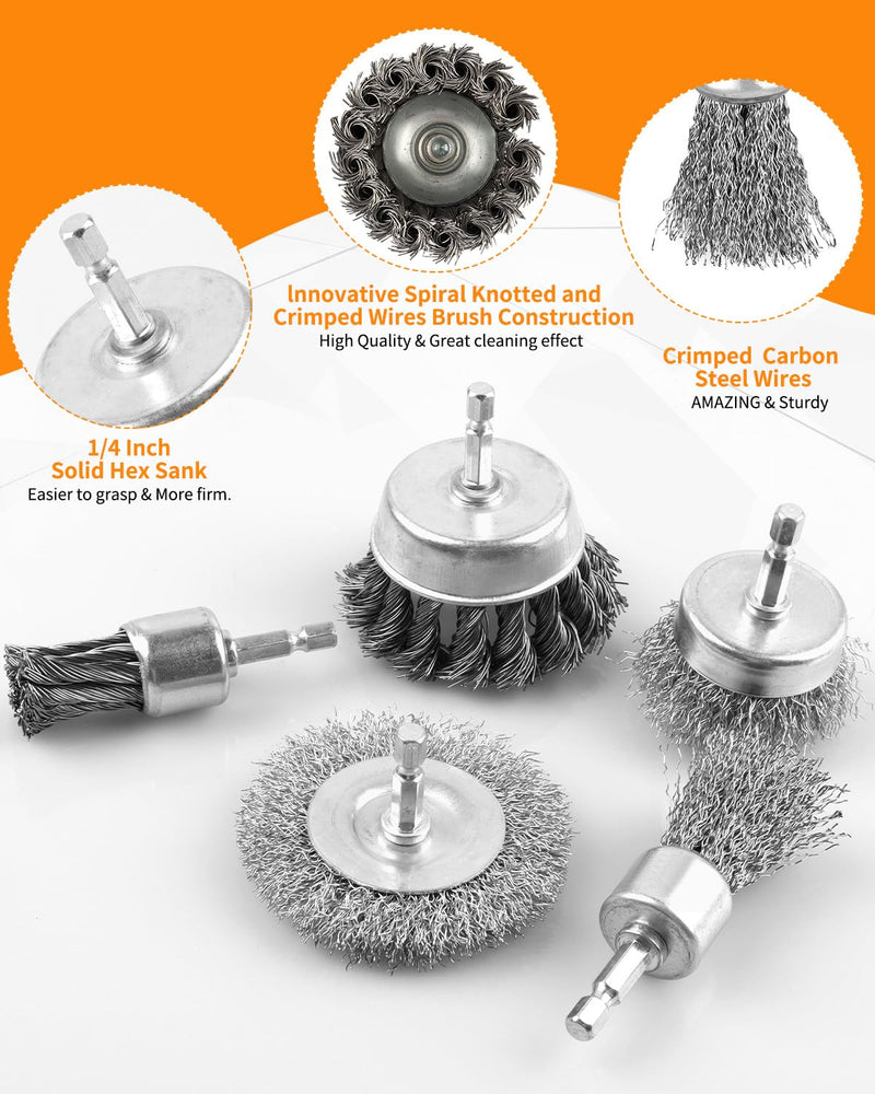 [Australia - AusPower] - 5 Pcs Drill Wire Brush Set, Heavy Duty Wire Brush Wheel for Drill, 1/4'' Hex Shank Wire Brush Drill Attachments Coarse Carbon Steel Crimped, Great for Cleaning Rust, Paint, Abrasive 5pcs(Twisted & Carbon Steel Wire) 