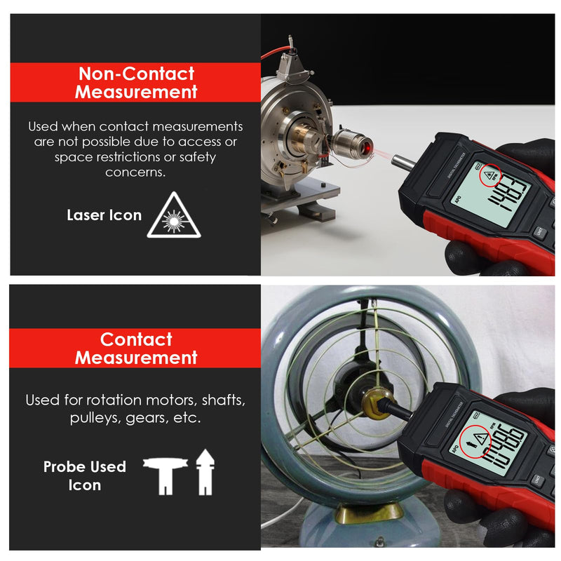 [Australia - AusPower] - 2-in-1 Digital Tachometer, Handheld Contact 3~19999RPM & Non-Contact 3~99999RPM Meter with 4 Probes,Hold Data, RPM Tachometer for Small Engines 