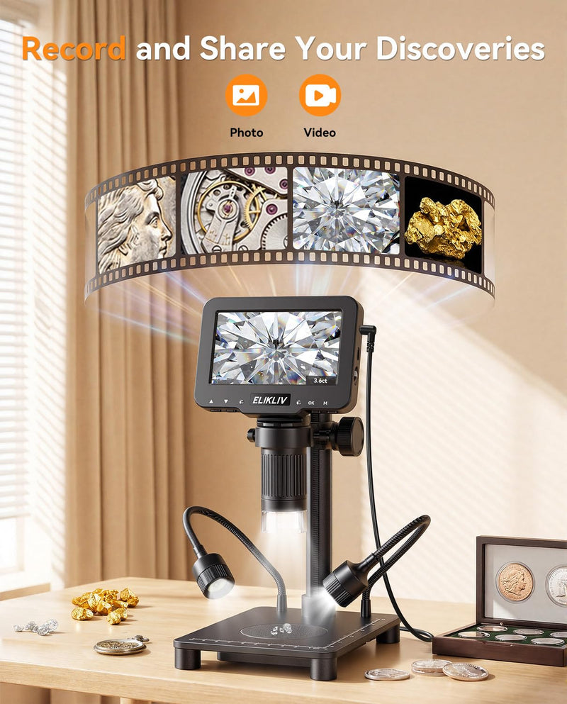 Elikliv Microscope with Weighing Scale, Digital Magnifier for Error Coins, Jewelry Magnifying Glass with Lights, 4.3" LCD Screen 12MP Camera 1080P Video USB PC View for Adults Collectors Supplies Black