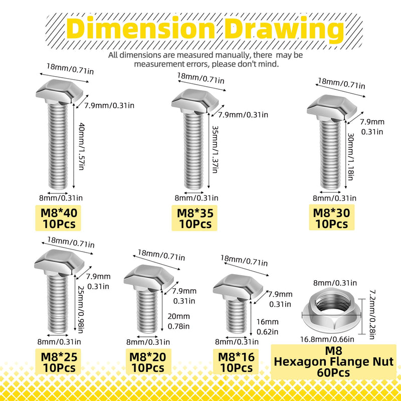 [Australia - AusPower] - 60 Sets M8 T Slot Drop-in Bolt, M8 x 16/20/25/30/35/40mm Hammer Head T-Slot Drop-in Stud Sliding Bolt Screw with Flange Nut for European Standard 40 Series Aluminum Profile 