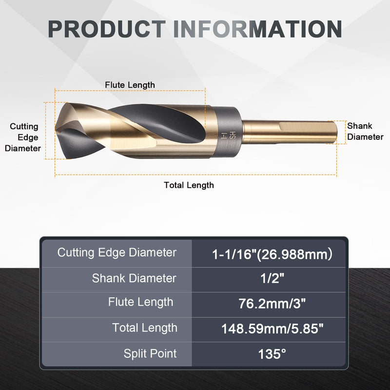 uxcell 1-1/16" Drill Bit 1/2" Reduced Shank 3-Flat M35 5% Cobalt High-Speed Steel Twist Black and Gold Finish 135° Bits for Hard Metal Stainless Steel,1pcs 1-1/16 in 1/2" Shank