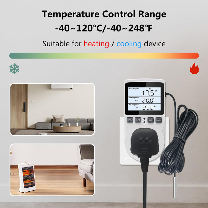 [Australia - AusPower] - KT3100BL Digital Temperature Controller Outlet Socket VA LCD Display Plug in Thermostat 15A 120V Output with Blue Backlight 3m Temperature Sensor KT3100BL Blue backlight 