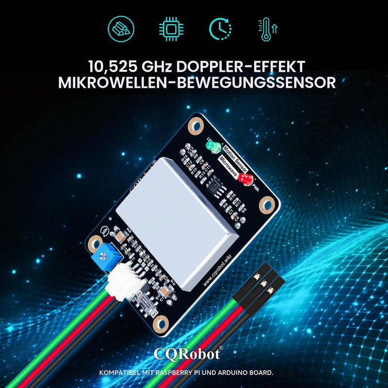 CQRobot 10.525GHz Microwave Sensor Compatible with Arduino & Raspberry Pi | 10.525 GHz microwave motion sensor according to Doppler effect for industry, traffic, agriculture, smart home, safety
