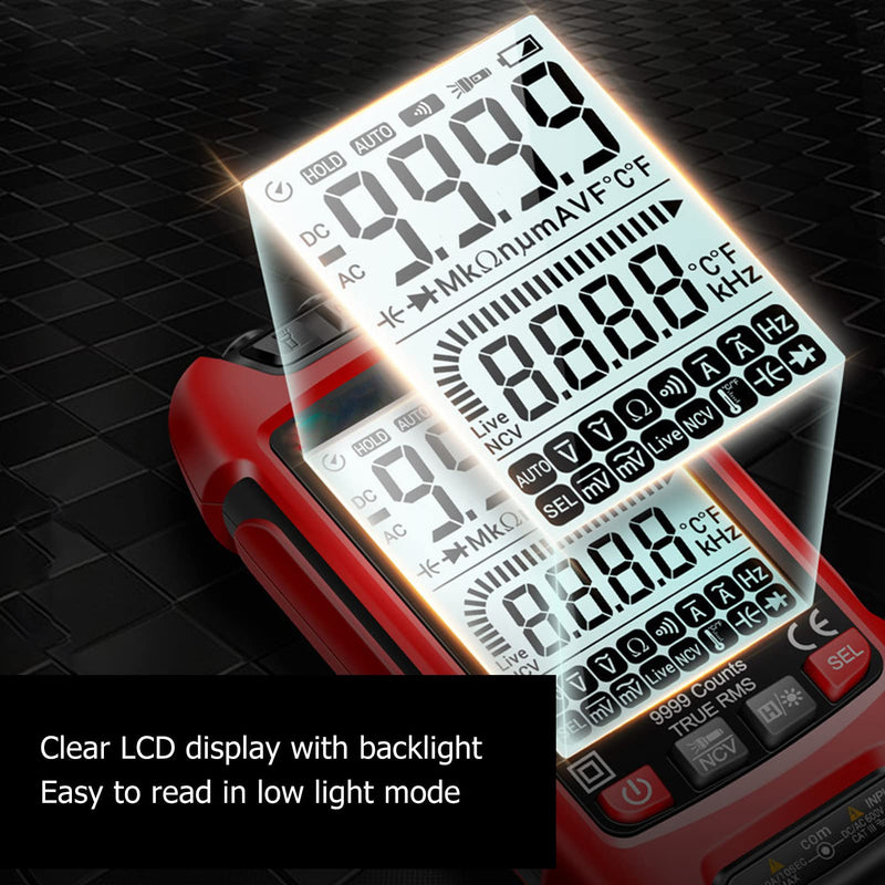 [Australia - AusPower] - Digital Multimeter with Backlit LCD, 6000 Counts Auto Ranging Voltage Tester, AC/DC Current/Resistance/Frequency Measurement, Ceramic Protection Red 