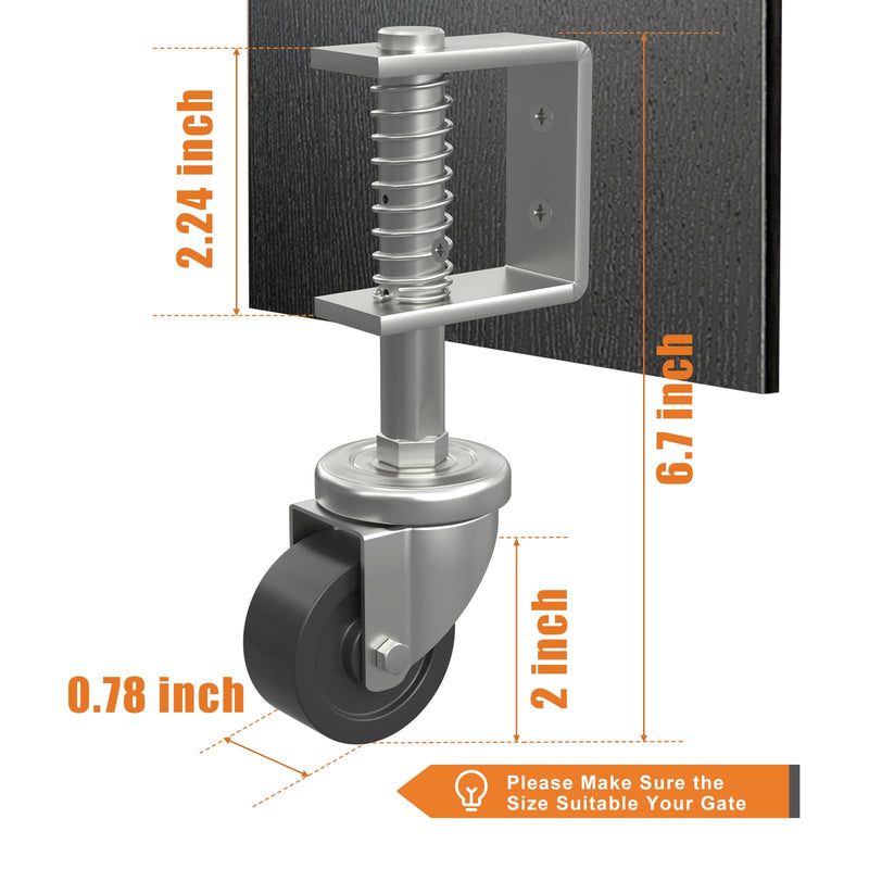 Gate Wheel 2 Inch Heavy-Duty Caster for Wooden Gates - 360 Degree Rotation, Solid Rubber Tire, 80lbs Capacity, Spring-Loaded, Includes Screws & Screwdriver 2inch 70lb